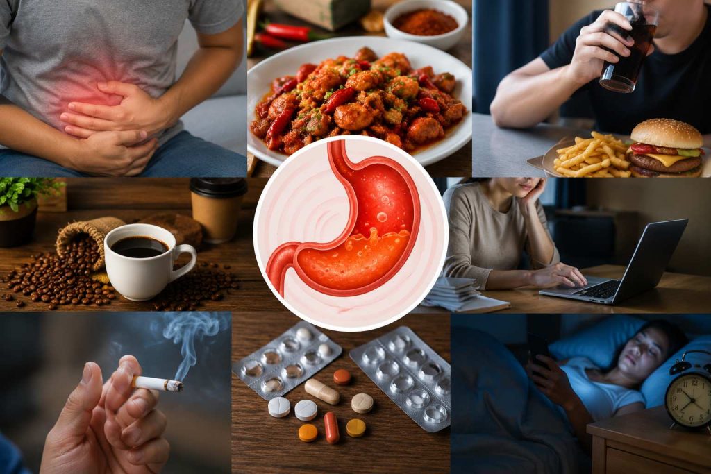 Ilustrasi kebiasaan yang dapat memicu maag seperti telat makan, konsumsi makanan pedas dan asam, stres, serta pola hidup tidak teratur.