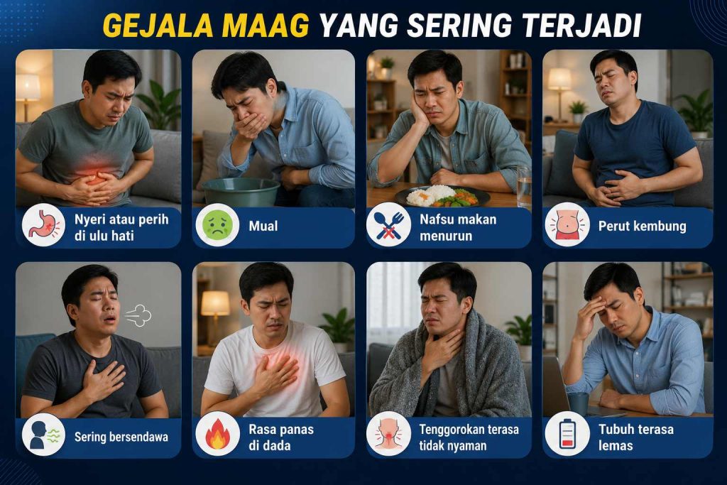 Ilustrasi beberapa gejala umum maag seperti nyeri ulu hati, mual, perut kembung, sering bersendawa, dada terasa panas, dan tubuh lemas.