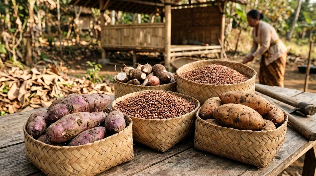 Keragaman hasil panen komoditas tanaman pangan lokal unggul Indonesia seperti ubi jalar ungu cilembu sorgum dan beras merah