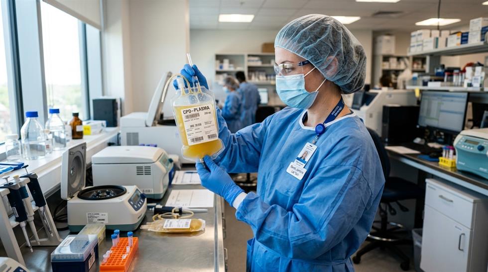 Kantong Plasma Darah Hasil Pemisahan Mesin Aferesis di Laboratorium Medis