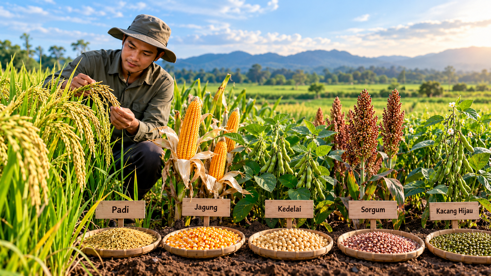 Berbagai varietas tanaman pangan unggul seperti padi, jagung, kedelai, sorgum, dan kacang hijau untuk pertanian modern
Salin