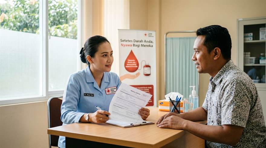 Petugas kesehatan melakukan wawancara anamnesis skrining medis donor darah kepada calon pendonor